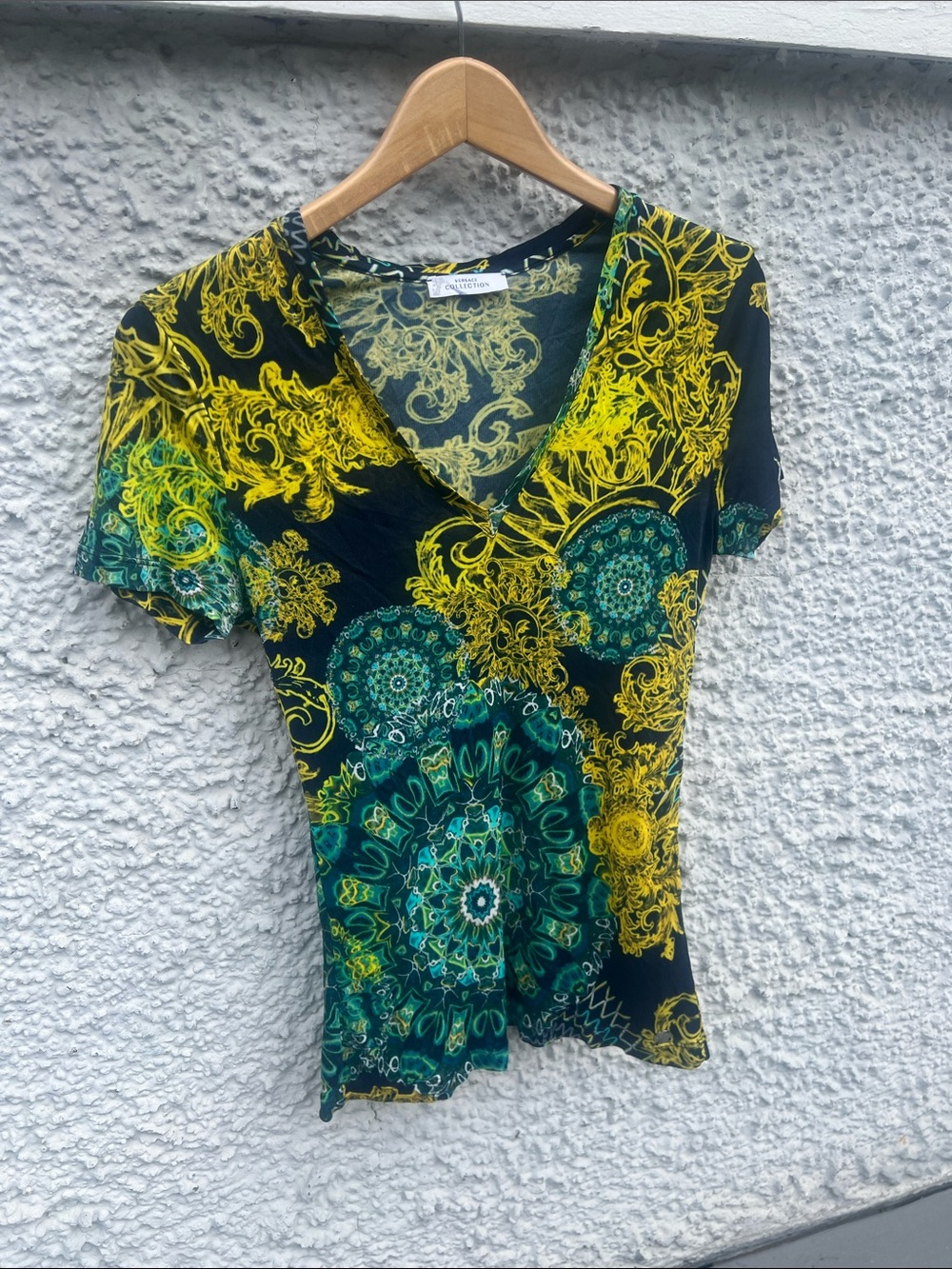 Versace vintage Black V-Neck Short Sleeve Top with Yellow & Teal Medallions